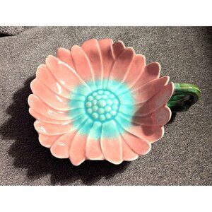 Vintage Ceramic Pink & Blue Flower-Shaped Dish With Green Stem Handle